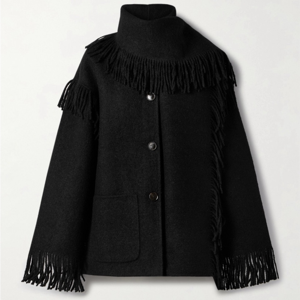 Toteme Black Fringed Wool Cape Jacket